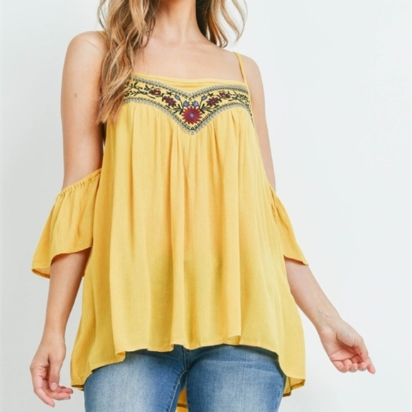 NWT YELLOW EMBROIDERED COLD SHOULDER TOP - Picture 7 of 9